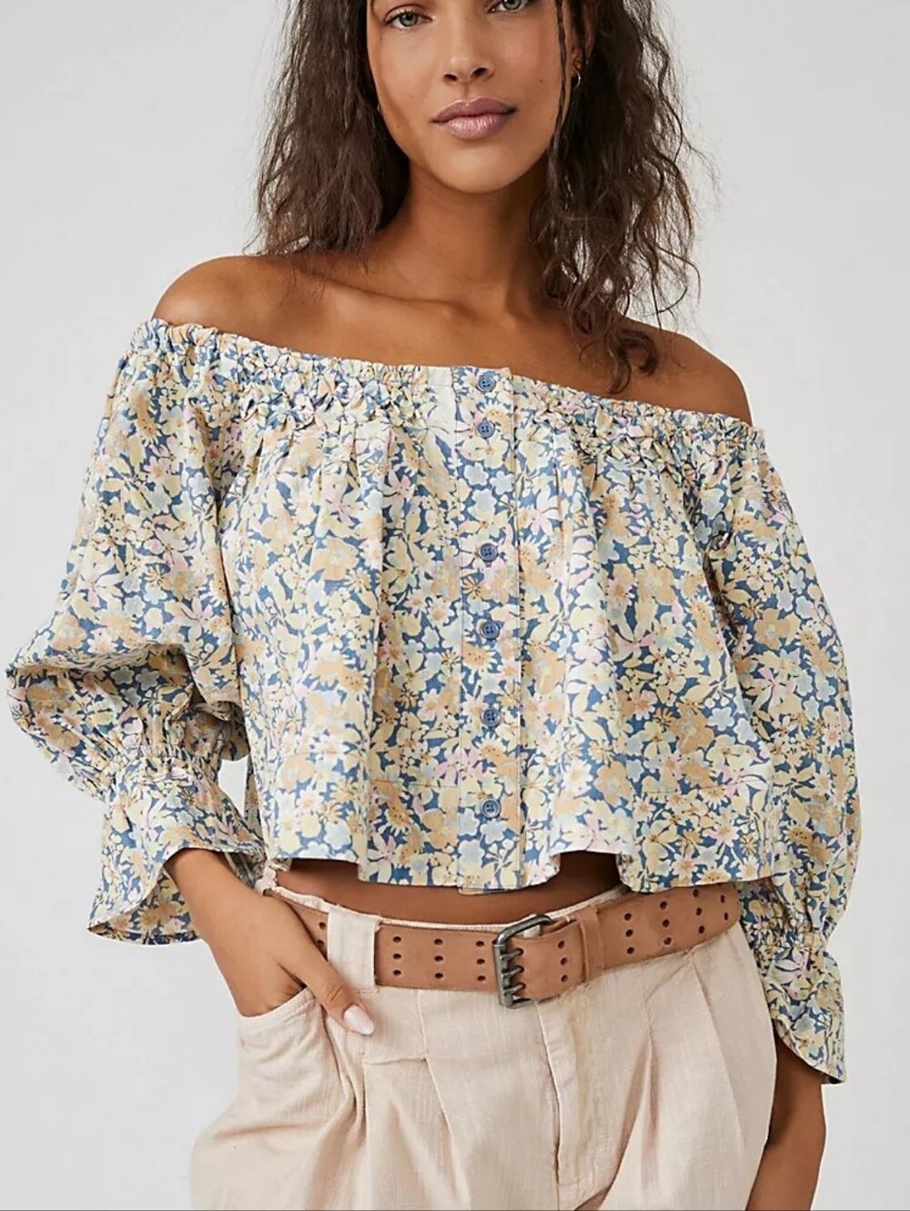 Free People James Smock Top Off Shoulder Cropped Flutter Hem Floral XS